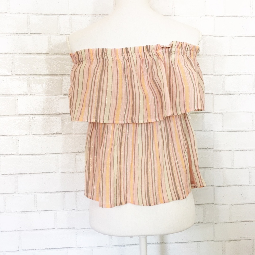 Brand New Lucky Brand Summer Peach Pink Off Shoulder Stripes Shine Top - Picture 7 of 7